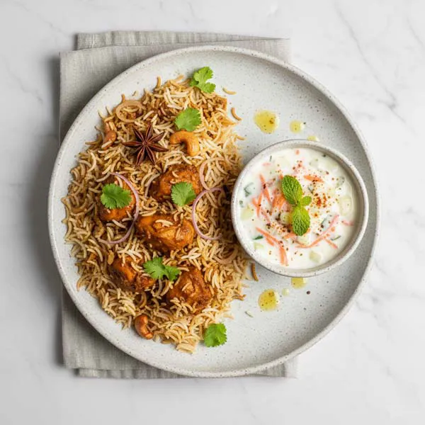 Malanad chicken biryani with carrot and cucumber raita